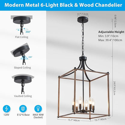 XINGQI 15.7" Modern Farmhouse Chandeliers for Dining Room 6-Light Geometric Lantern Black Wood Grain Finish Cage Pendant Lighting Fixture for Staircase Foyer Kitchen Entryway