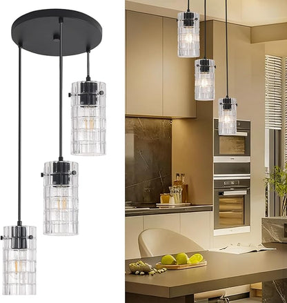 Black Glass Pendant Lights, Pendant Light Fixtures, Pendant Lights For kitchen island Living Room ,With Meatel Adjustable Hanging Rod,(3 Lights)