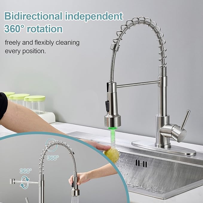 LED Kitchen Faucets with Pull Down Sprayer, Brushed Nickel Modern Single Handle Stainless Steel Pull Out Spring Sink Faucet with LED Light for RV Bar Farmhous Laundry Outdoor