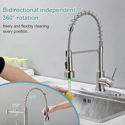 LED Kitchen Faucets with Pull Down Sprayer, Brushed Nickel Modern Single Handle Stainless Steel Pull Out Spring Sink Faucet with LED Light for RV Bar Farmhous Laundry Outdoor