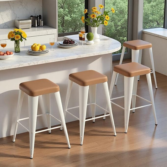 Backless Bar Stools Set of 4, Upholstered Faux Leather Counter Height Stools with Sturdy Metal Legs, 26 Inch Barstools for Kitchen Island (Brown)
