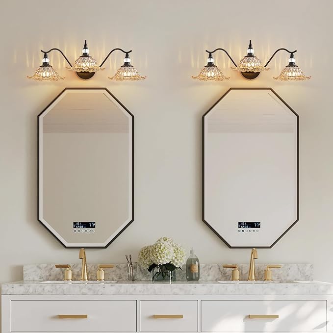Vintage Bathroom Vanity Light Fixtures - 3 Light Antique Matte Black Bathroom Lights Fixture Over Mirror with Amber Flower Glass,Retro High End Wall Mounted Vanity Lighting for Bath Powder Room