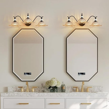 Vintage Bathroom Vanity Light Fixtures - 3 Light Antique Matte Black Bathroom Lights Fixture Over Mirror with Amber Flower Glass,Retro High End Wall Mounted Vanity Lighting for Bath Powder Room