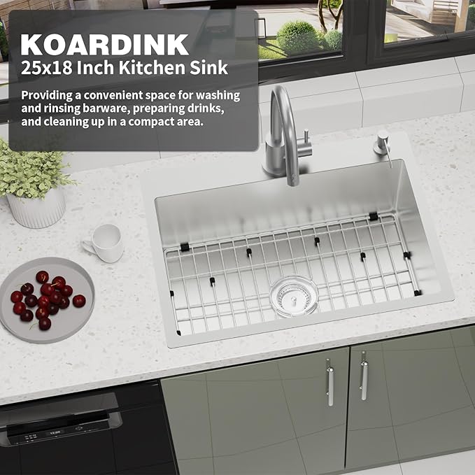 Kitchen And Bar Sink, 25x18 Inch Stainless Steel Drop In Kitchen Sink Modern Single Bowl Topmount Bar Sink Combo-SS Grid,Spoon Rest,Drain Strainer Set Compatibility With Various Kitchen & Bar Style