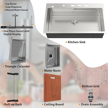 Mocoloo 33 Inch Honeycomb Waterfall Kitchen Sink Drop in, 33x19 Inch Stainless Steel Workstation Sink 16 Gauge Topmount Single Bowl LED Display Sink with Complete Kit