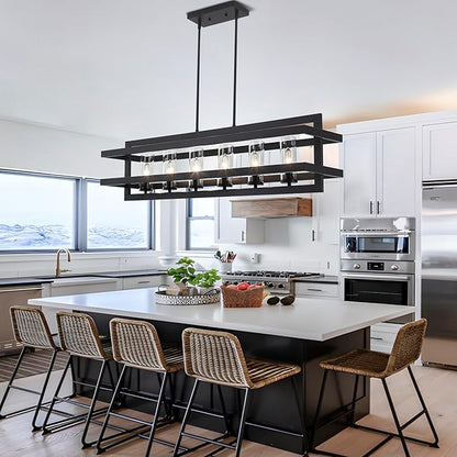41" Black Pendant Lights Kitchen Island, Dining Room Light Fixtures 6-Light Rectangle Glass Shade Kitchen Island Lighting, Large Chandeliers for Dining Room with Adjustable Height