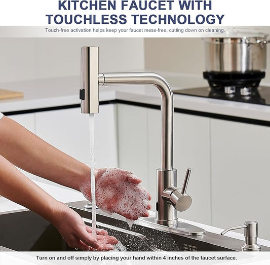 AVSIILE Brushed Nickel Touchless Kitchen Faucets with Pull Down Sprayer & Soap Dispenser, Single Hole & Handle, Pull Out Tap, Waterfall Stainless Steel Sink Faucet for Farmhouse Camper Laundry Rv Bar