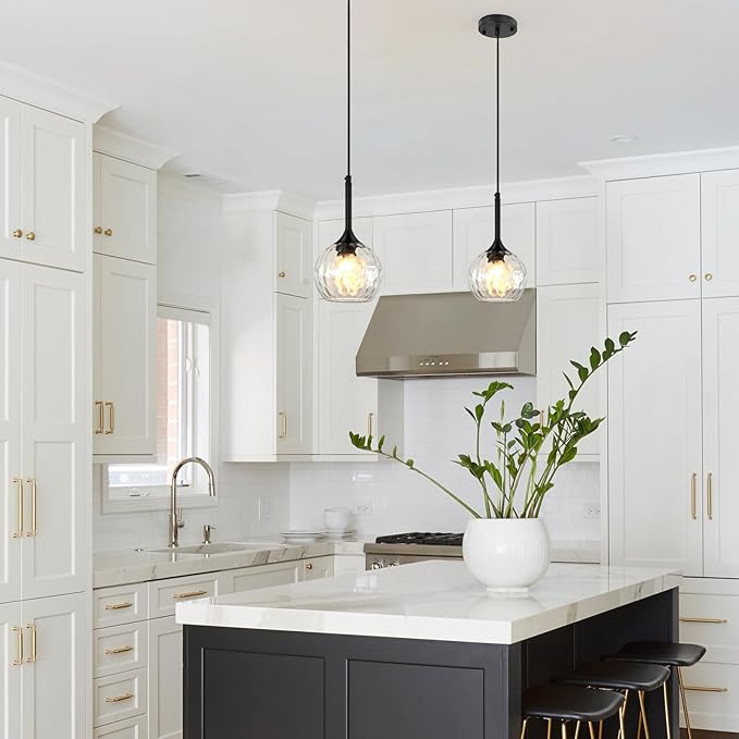 JHLBYL Glass Pendant Lights Kitchen Island: 5.91'' 1-Light Hammered Glass Pendant Light with Black Finish - Modern Minimalist Hanging Light Fixture for Kitchen Sink Dining Room - E26 Base
