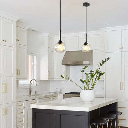 JHLBYL Glass Pendant Lights Kitchen Island: 5.91'' 2-Pack 1-Light Hammered Glass Pendant Light with Black Finish - Modern Minimalist Hanging Light Fixture for Kitchen Sink Dining Room - E26 Base