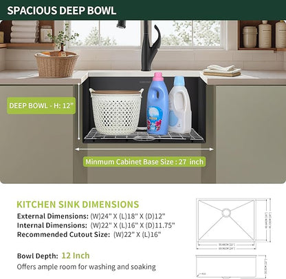 24-inch Undermount Laundry Utility Sink - SINKVINE 24x18x12 Extra Deep Black Stainless Steel Single Bowl Basin with Drain Strainer, Bottom Grid & Drying Unit for Laundry Room, Outdoor, Kitchen Use
