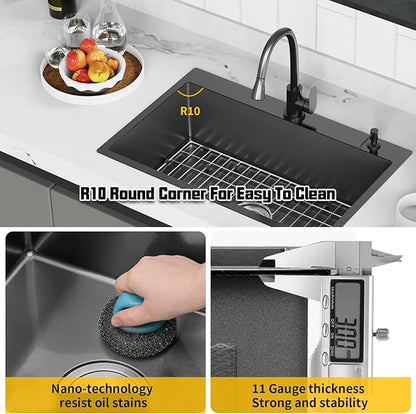 Black 31x20 Inch Drop In Kitchen Sink-Stainless Steel Single Bowl Topmount Kitchen Sink Stylish And Modern Look With Bottom Grid,Silicon Mat And Drain Assembly Add Elegance & Enhance Usability