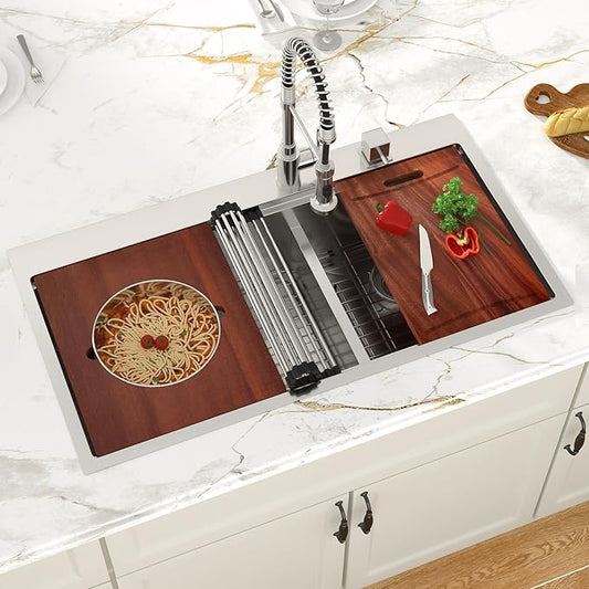 39-inch Drop In Kitchen Sink - Double Bowl 60/40 Multifunctional Workstation Large Kitchen Sink, 304 Stainless Steel 16 Gauge Above Counter Sinks for Kitchen with Mixing Bowl, 39''x22''x10''