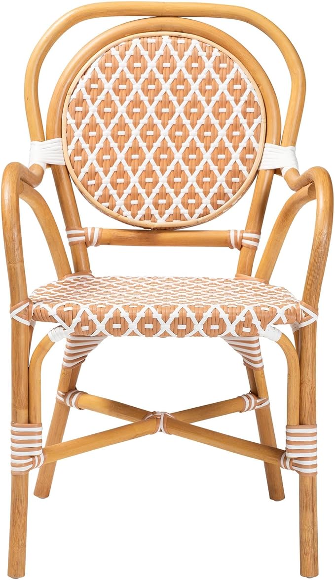 Bali & pari Mattie Rattan Bistro Chair - Handwoven Cafe-Style Dining Chair with Curved Arms for Kitchen Island or Indoor/Outdoor Lounge, Honey Natural & White
