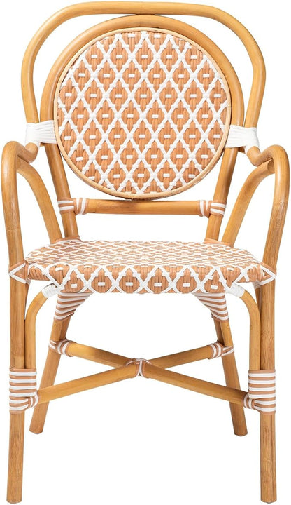 Bali & pari Mattie Rattan Bistro Chair - Handwoven Cafe-Style Dining Chair with Curved Arms for Kitchen Island or Indoor/Outdoor Lounge, Honey Natural & White