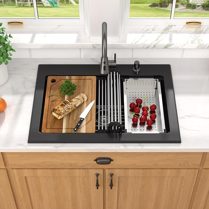 Granite Composite Kitchen Sink - 30 Inch Granite Kitchen Sink Drop In Topmount Workstation Matte Black Quartz Single Bowl Sinks All-In One, 30"x22" #TLGT-124