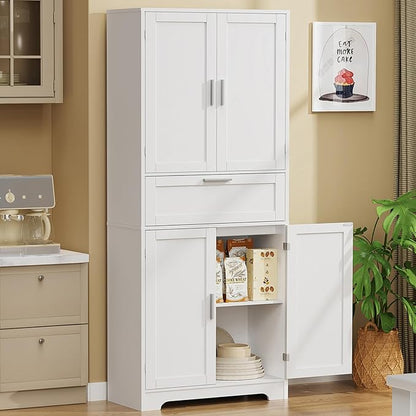 Iwell 67" Tall Storage Cabinet, Rattan Cabinet with 2 Adjustable Shelves & Large Drawer, Pantry Cabinets for Kitchen, Living Room, Home Office, Natural | Adjustable Shelf, 1 Large Drawer, 4 Doors
