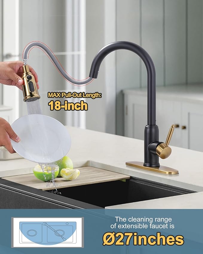 Black Gold Kitchen Faucet with Sprayer: WOWOW 304 Stainless Steel Kitchen Sink Faucet for 1 or 3 Hole, High Arc Single Handle Mixer Taps with Deck Plate, Vintage Style