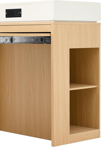 Versatile Extendable Dining Table with Hidden Wheels and Drawers, Farmhouse Kitchen Island with Charging Station and Glass-Door, Sideboard for Kitchen and Dining Room (Natural)
