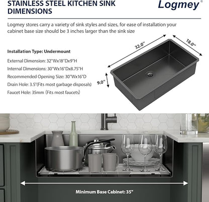 Logmey 32 Black Undermount Kitchen Sink - 32x18 Inch Kitchen Sink Stainless Steel Undermount Sink 16 Gauge Single Bowl Under Counter Kitchen Sink