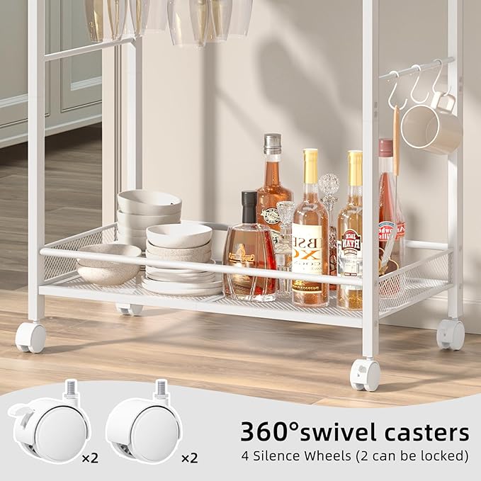 Joaxswe Bar Cart, Home Bar Serving Cart with 2-Tier Shelf,Rolling Beverage Cart with Wheels,Mobile Kitchen Shelf,Modern Wine Drink Cart with Wine Rack and Glass Holder for Kitchen,Dinning Room,White