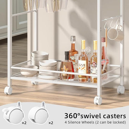 Joaxswe Bar Cart, Home Bar Serving Cart with 2-Tier Shelf,Rolling Beverage Cart with Wheels,Mobile Kitchen Shelf,Modern Wine Drink Cart with Wine Rack and Glass Holder for Kitchen,Dinning Room,White