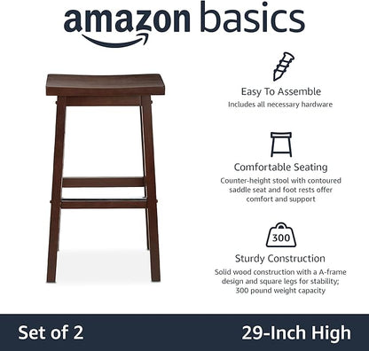 Amazon Basics Solid Wood Saddle-Seat Counter Height Bar Stools for Kitchen Island and Home Bar with Footrest, 29-Inch Height, Walnut, Set of 2