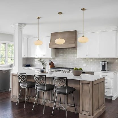 White Milk Glass Pendant Lights Kitchen Island Mid Century Modern Globe Pendant Lamp White and Gold Hanging Light Fixture Antique Brass Hanging Lights (2 Pack)