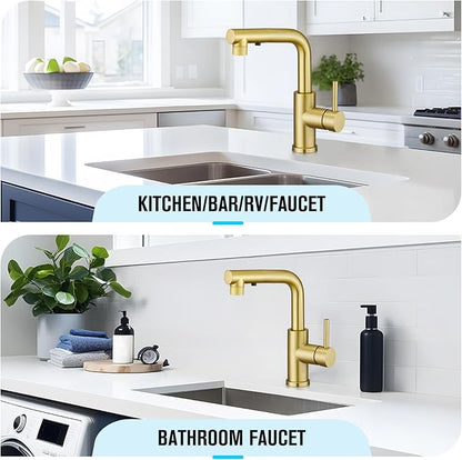 CREA Gold Kitchen Faucet with Pull Down Sprayer - Bathroom & Utility Sink Faucet - Single Handle, 3 or 1 Hole