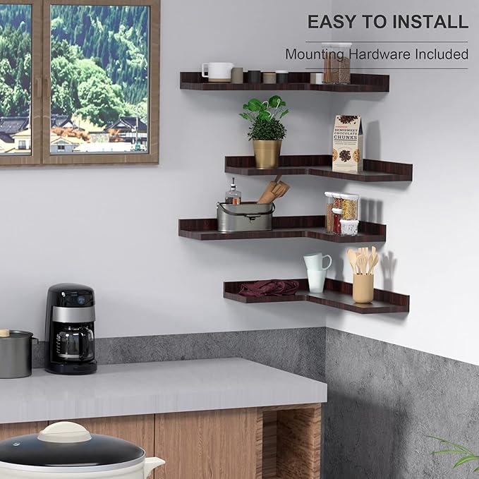 Corner Floating Shelves Set of 4, Rustic Pine Wood Corner Shelves for Wall Storage and Decor, L-Shaped Corner Wall Mounted Shelf for Bedroom, Living Room, Bathroom, Kitchen and more – Red Brown