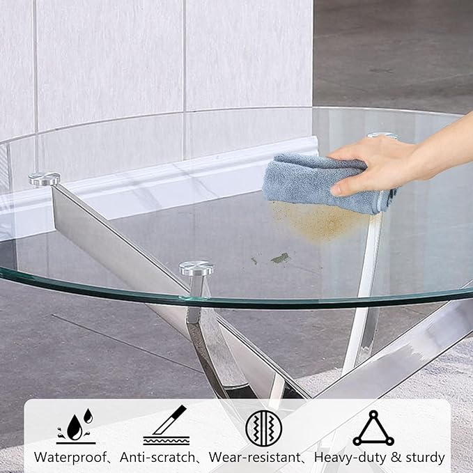 Glass Dining Table,36'' Round Dining Kitchen Table,Modern X-Design Dining Room Table with Silver Stainless Steel Base for Dining Room