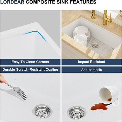 Lordear 32 Inch White Granite Composite Kitchen Sink 32x19 Inch Workstation Quartz Undermount Kitchen Sinks Under Counter Single Bowl