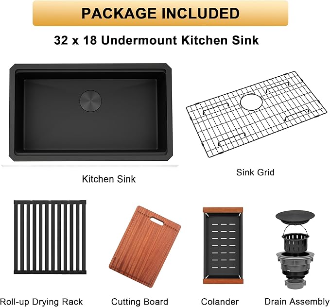Black Undermount Kitchen Sink, 16 Gauge 304S Stainless Steel Workstation Sink with Full Set Accessories, 32" x 18" x 10" Large and Deep Single Bowl Kitchen Sinks
