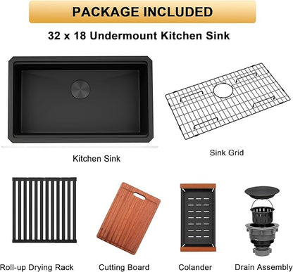 Black Undermount Kitchen Sink, 16 Gauge 304S Stainless Steel Workstation Sink with Full Set Accessories, 32" x 18" x 10" Large and Deep Single Bowl Kitchen Sinks