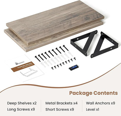 Axeman Floating Shelves for Wall, 8 Inch Deep Grey Wall Shelves Set of 2, 16''W x 8''D Rustic Grey Wood Shelves for Farmhouse Bookshelf Living Room Bedroom