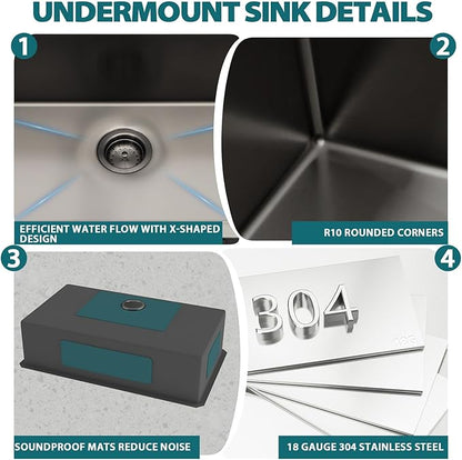 Black Undermount Kitchen Sink 30x18x9 Inch Single Bowl 18 Gauge Stainless Steel Under Counter Sinks Basin With Drain Strainer
