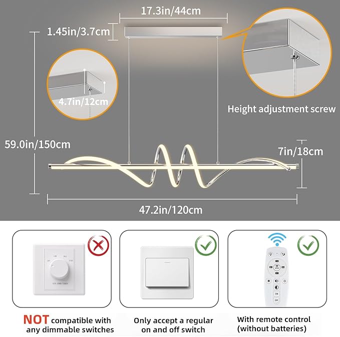 Modern LED Pendant Lights Kitchen Island,3000k-6000K Adjustable Color Dining Room Light Fixture,Dimmable with Remote Control Aluminum for Kitchen, Living, Dining,Bedroom(47in Chrome Silver
