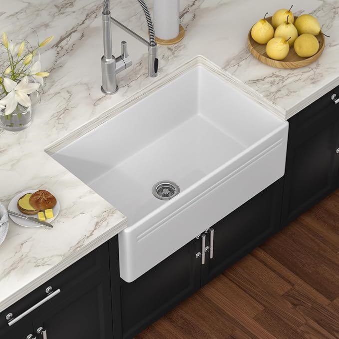White Farmhouse Sink 30 Inch Fireclay Reversible Apron Front Farm Sink 30"x18"x10" Glossy White Porcelain Farms House Style Single Bowl Farmhoues kitchen Sinks with Luxury Accessories