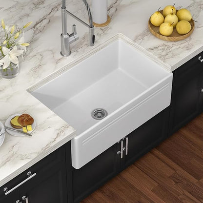 White Farmhouse Sink 30 Inch Fireclay Reversible Apron Front Farm Sink 30"x18"x10" Glossy White Porcelain Farms House Style Single Bowl Farmhoues kitchen Sinks with Luxury Accessories