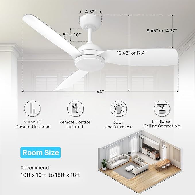 Consciot 44 inch Low Profile Ceiling Fans with Light and Remote, Modern Ceiling Fan, Downrod Mount, Reversible Quiet DC Motor, 6 Speed, 3 Color & Dimmable, White Ceiling Fan For Indoor Outdoor