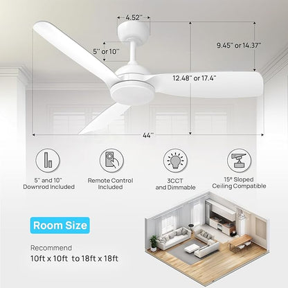 Consciot 44 inch Low Profile Ceiling Fans with Light and Remote, Modern Ceiling Fan, Downrod Mount, Reversible Quiet DC Motor, 6 Speed, 3 Color & Dimmable, White Ceiling Fan For Indoor Outdoor