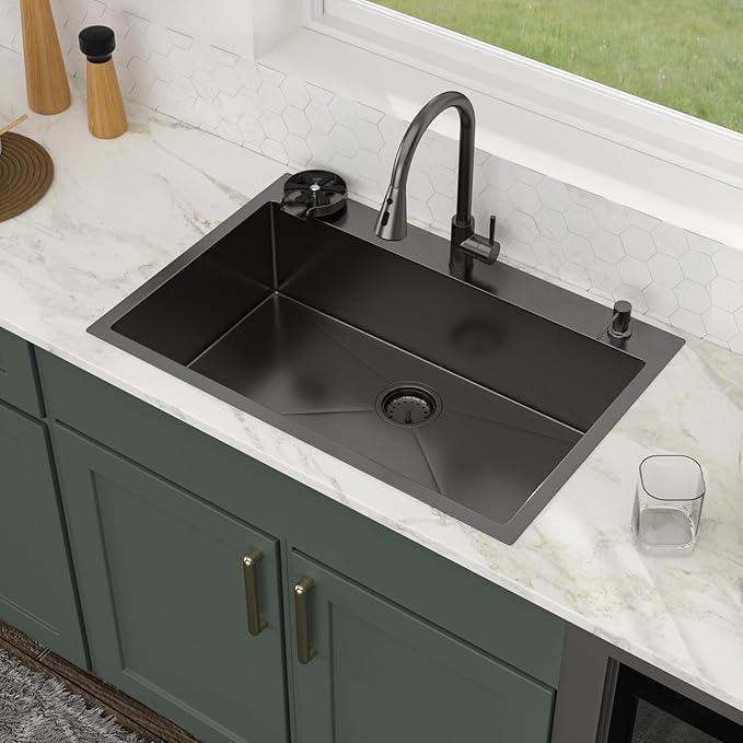 Logmey 33x22 Gun Black Drop in Kitchen Sink with Pull-out Faucet Soap Dispenser 33 Inch 16 Guage Stainless Steel Sinks Single Bowl 9'' Deep Sinks with Cup Washer 33x22x9 LMTB33229-F