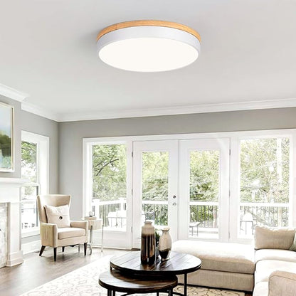Modern Wood Flush Mount Ceiling Light, White LED 5CCT 2700K-6000K Dimmable Ceiling Light Fixtures, Round Close to Lighting Fixture for Kitchen Living Room Dining Room Bedroom-15.8in