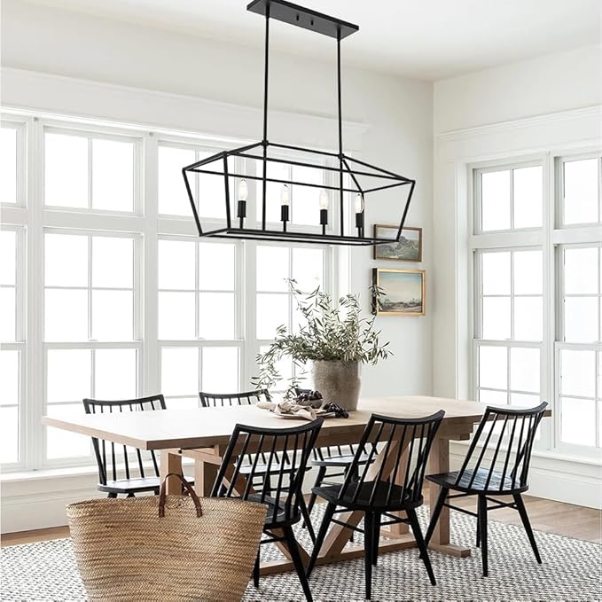 BONLICHT 4 Light Kitchen Island Linear Pendant Lighting Industrial Large Black Farmhouse Chandelier Modern Rectangle Dining Room Light Fixtures Hanging Ceiling Over Table,E12 Base