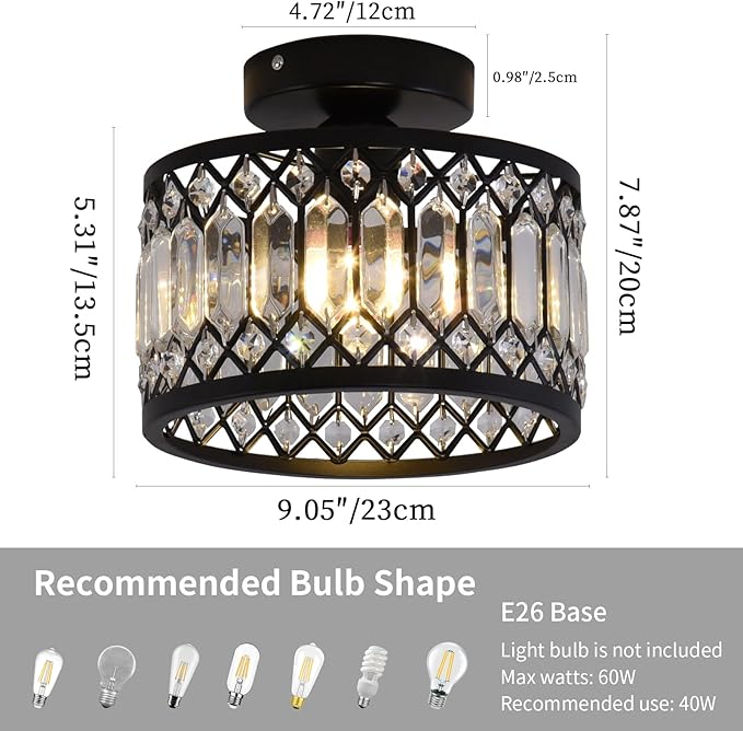 GreeLustr Crystal Black Ceiling Light Fixture, Modern Semi Flush Mount Ceiling Light, Round Hallway Chandelier Lighting for Foyer Bedroom Entryway Laundry Room, 1-Light, E26 (Bulb not Included)