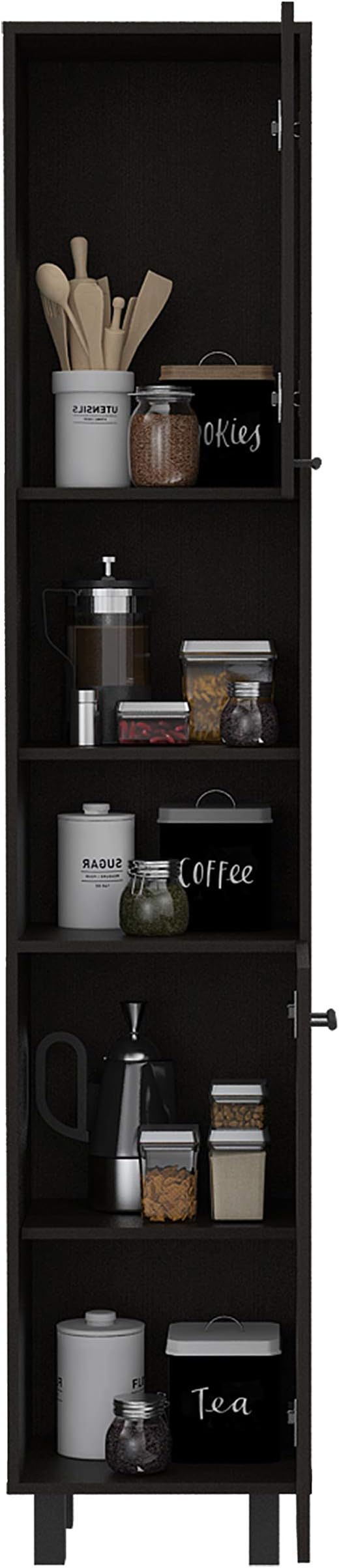 Modern Kitchen Pantry, Black Storage Cabinet with 2 Cabinets, 2 Doors and 2 Open Shelves, Easy to Maintain, for Dining Room