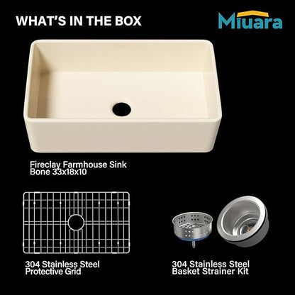 Miuara Bone Farmhouse Sink 33 Inch - Apron Front Kitchen Sink Reversible 33x18x10, Undermount Installation, Farm House Style Single Bowl, Heavy Duty Solid Fireclay, Bone Color, for Kitchen