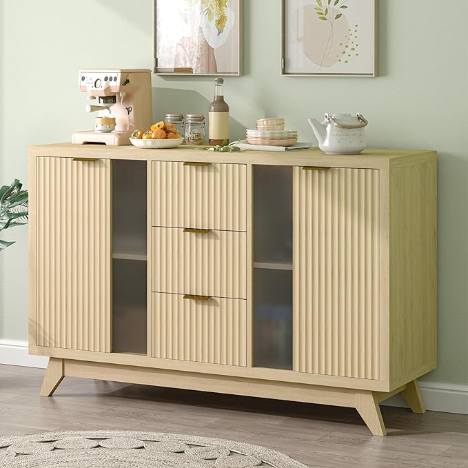 Fluted Sideboard Buffet Cabinet with Storage, 47" Modern Mid Century Coffee Bar Storage Cabinet with Doors and Drawers, Narural Oak