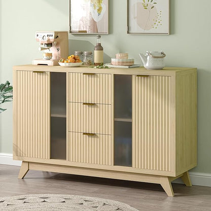 Fluted Sideboard Buffet Cabinet with Storage, 47" Modern Mid Century Coffee Bar Storage Cabinet with Doors and Drawers, Narural Oak