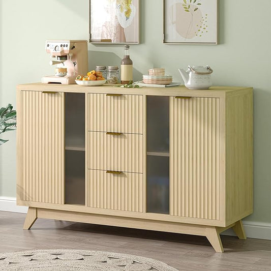 Fluted Sideboard Buffet Cabinet with Storage, 47" Modern Mid Century Coffee Bar Storage Cabinet with Doors and Drawers, Narural Oak