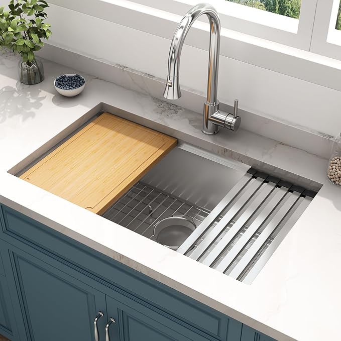 LQS 30 Inch Undermount Kitchen Sink with Round Corner, 30" x 18" Undermount Kitchen Sink 16 Gauge Stainless Steel, R10 Round Corner with Handmade Workstation Ledge and Built-In Abundant Accessories